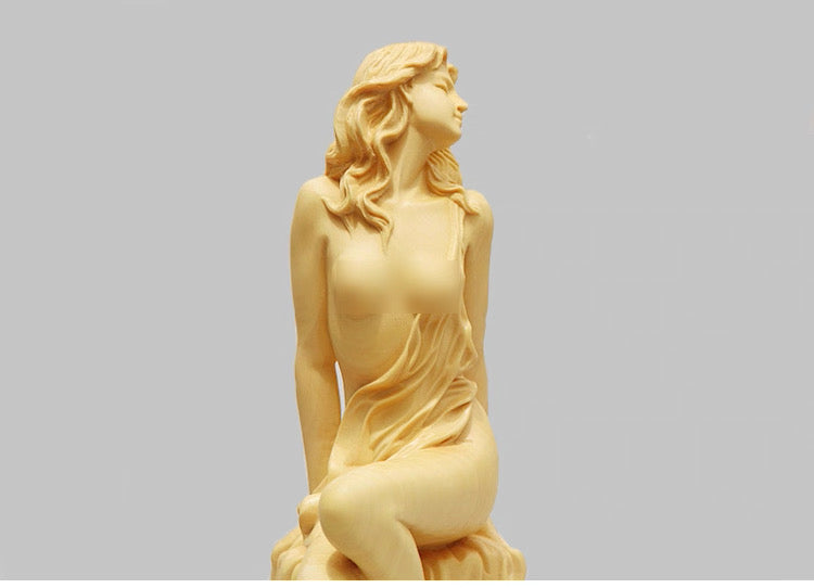 Hand-Carved Boxwood Sitting Woman Sculpture