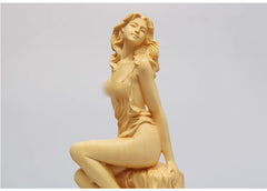 Hand-Carved Boxwood Sitting Woman Sculpture
