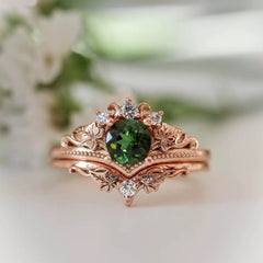 Vintage Green Zircon Leaf Crown Ring Set – Alloy Nature-Inspired Statement Jewelry