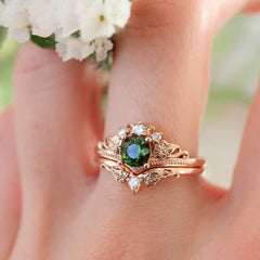 Vintage Green Zircon Leaf Crown Ring Set – Alloy Nature-Inspired Statement Jewelry