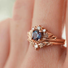 Vintage Leaf Crown Purple Zircon Ring Set