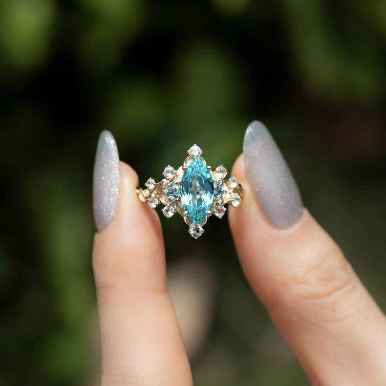 Elegant Marquise Blue Crystal Ring with Alloy Band – Vintage Style
