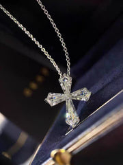Elegant Cross Pendant Necklace – Premium Baguette Cut Zirconia, Silver Chain